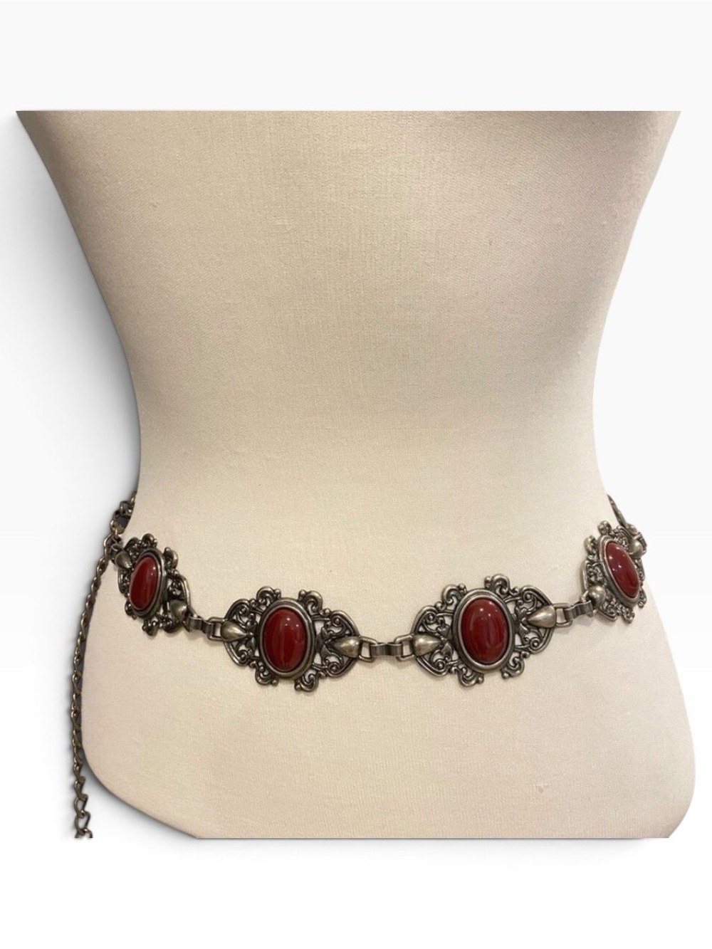 Vintage Boho Brass/Silver-Tone Cabochon Chain Belt 1980s–1990s Statement one siz